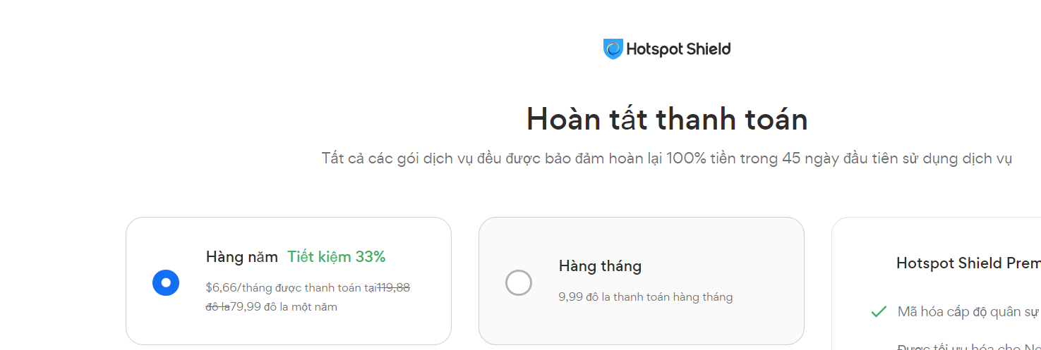 Các gói dịch vụ Hotspot Shield